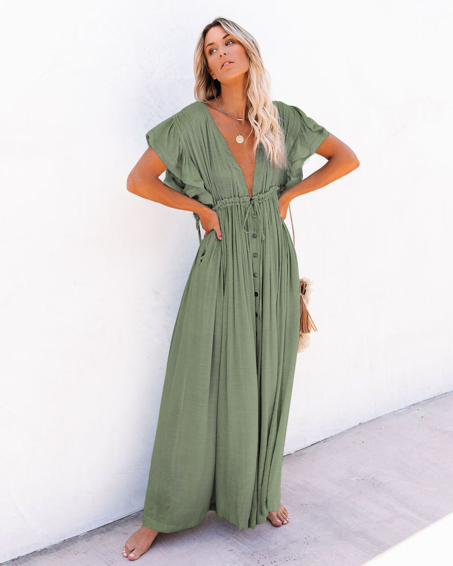 Octavia | Women's V-Neck Button Front Maxi Dress