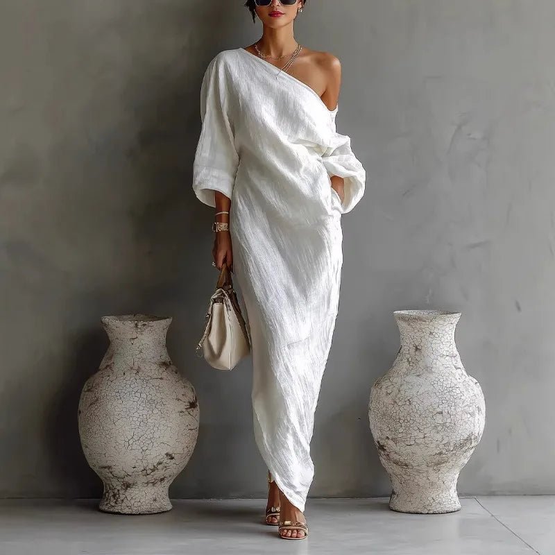 Evelyn | One Shoulder Linen Maxi Dress Asymmetrical Relaxed Fit White
