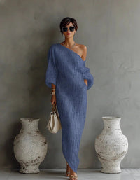 Evelyn | One Shoulder Linen Maxi Dress Asymmetrical Relaxed Fit Blue