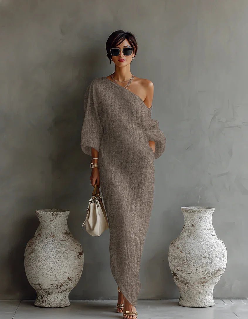 Evelyn | One Shoulder Linen Maxi Dress Asymmetrical Relaxed Fit Khaki