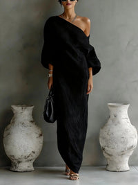 Evelyn | One Shoulder Linen Maxi Dress Asymmetrical Relaxed Fit Black
