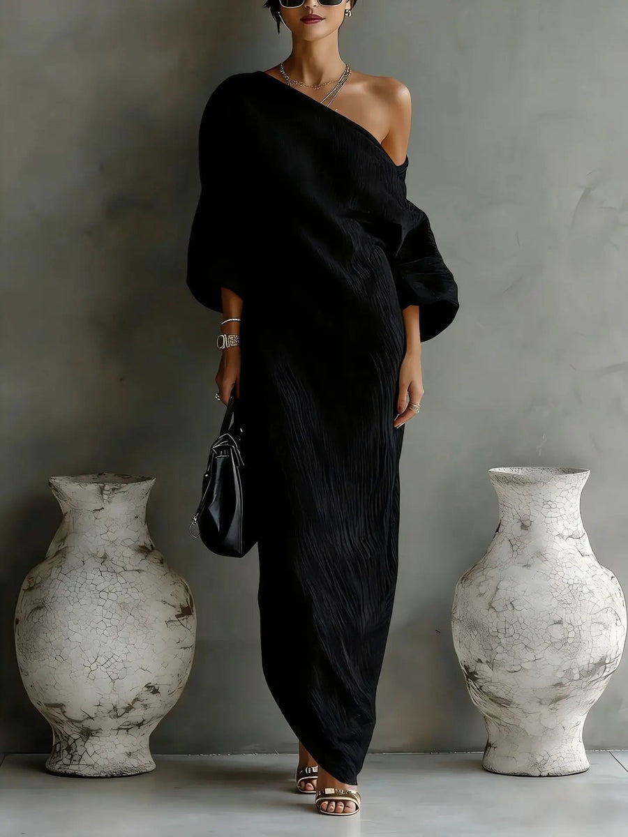 Evelyn | One Shoulder Linen Maxi Dress Asymmetrical Relaxed Fit Black