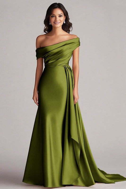 One Shoulder Pleated Champagne Sheath Long Formal Dress Dark Green