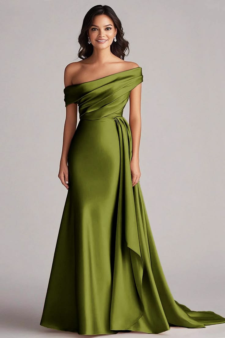 One Shoulder Pleated Champagne Sheath Long Formal Dress Dark Green