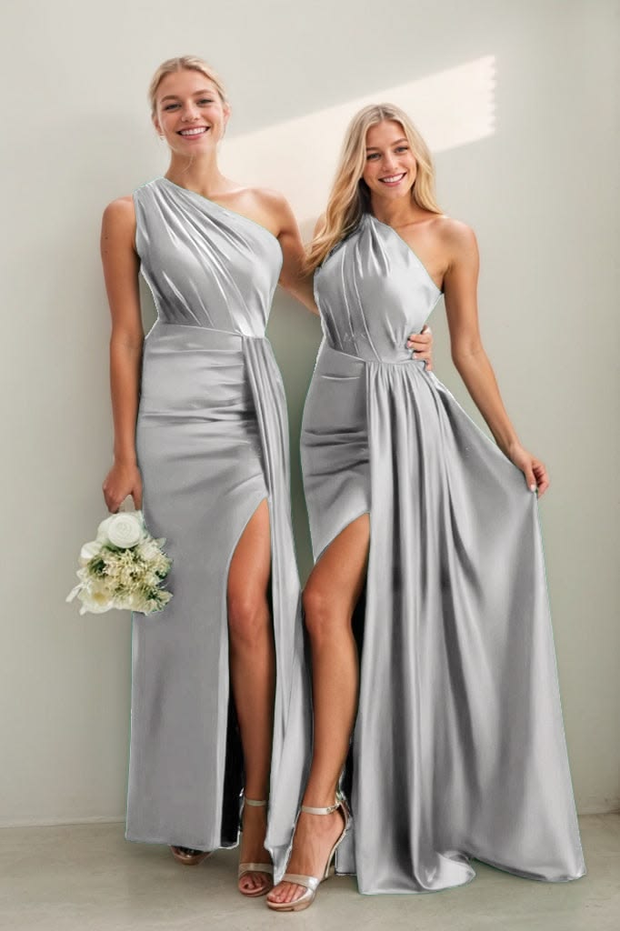 One Shoulder Satin Sheath Bridesmaid Dress With Split Steel Grey
