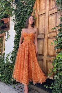 Orange A Line Strapless Sweetheart Sequined Ankle Length Sleeveless