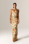 Orange Elsa Ruched Mesh Corset With Neck Scarf (Sunburst Floral Print)
