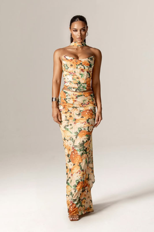 Orange Elsa Ruched Mesh Corset With Neck Scarf (Sunburst Floral Print)