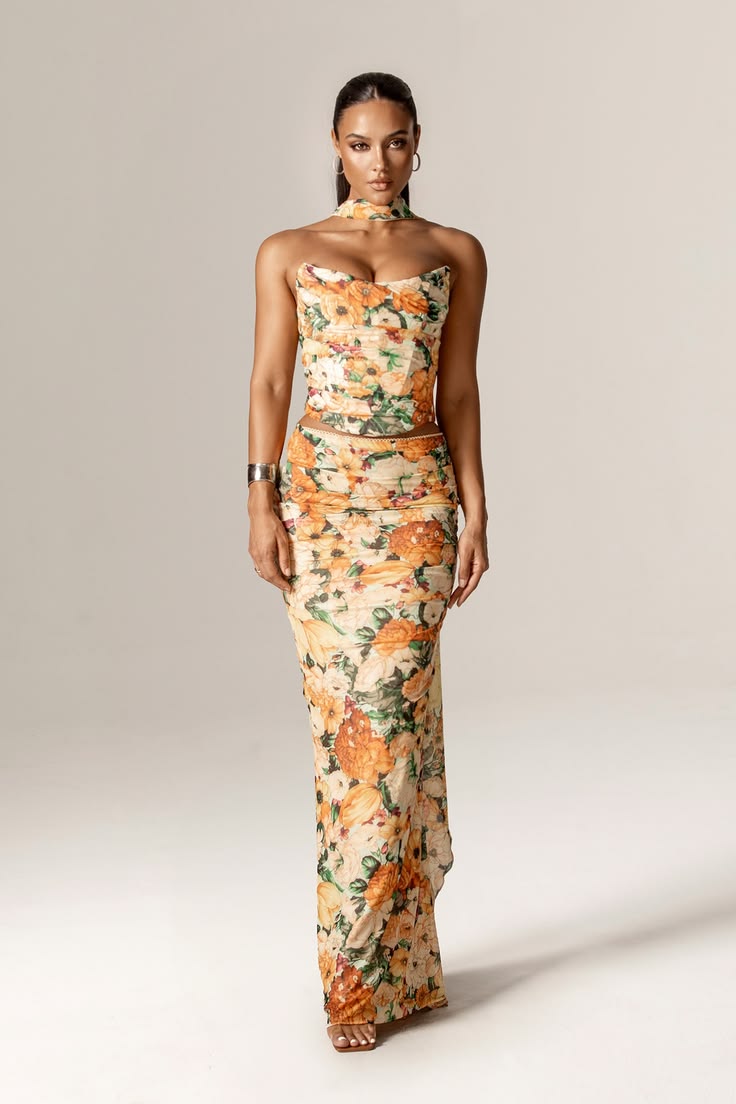 Orange Elsa Ruched Mesh Corset With Neck Scarf (Sunburst Floral Print)