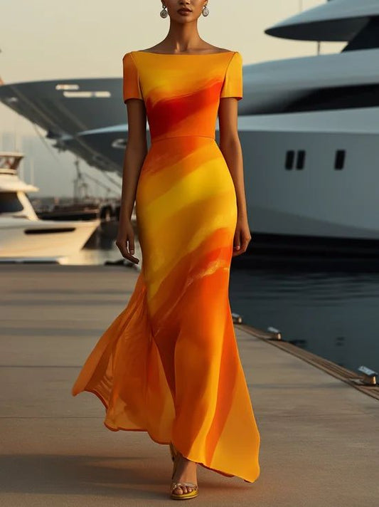 Orange Women Elegant Midi Dress High Waist Bodycon Shawl Collar Split