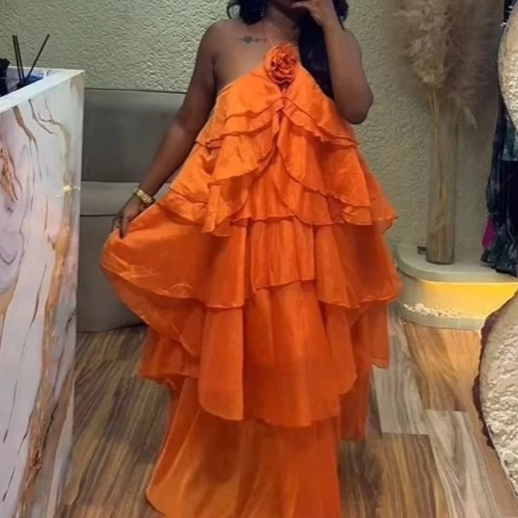 Orange Women Sleeveless Ruffles Loose Ball Gown Smock Strap Maxi Long