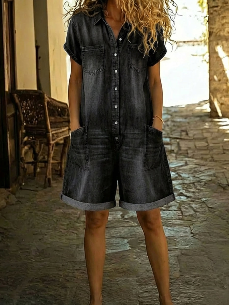 Lila - Casual Cotton Denim Jumpsuit Shorts