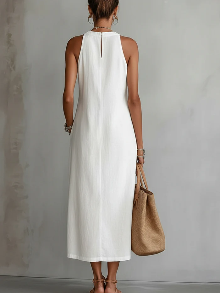 Jemima - Midi Linen Dress with Mao Collar