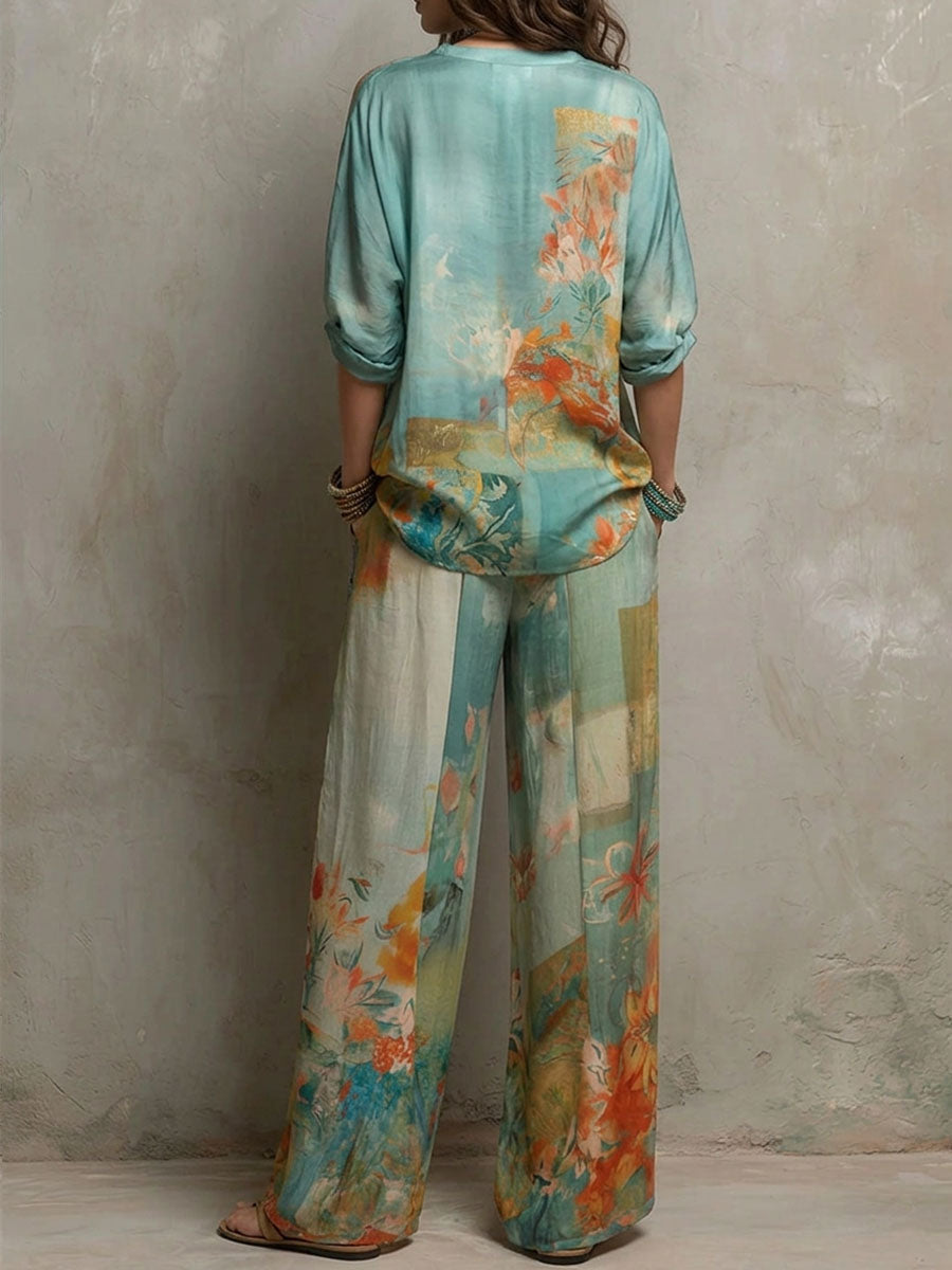 Tove - Floral Print Wide-Leg Two-Piece Set