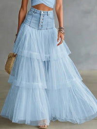 Lyla - Spliced Mesh Denim Skirt