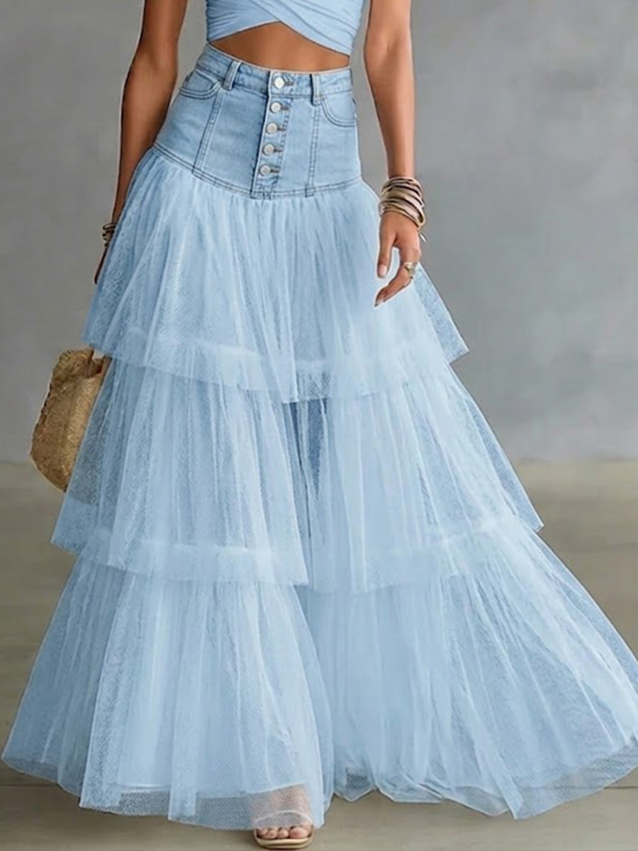 Lyla - Spliced Mesh Denim Skirt