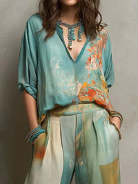 Tove - Floral Print Wide-Leg Two-Piece Set
