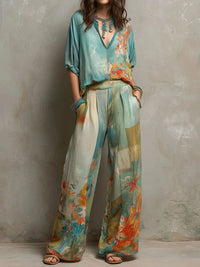 Tove - Floral Print Wide-Leg Two-Piece Set