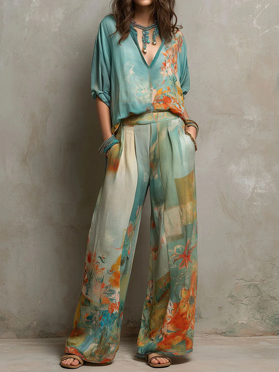 Tove - Floral Print Wide-Leg Two-Piece Set