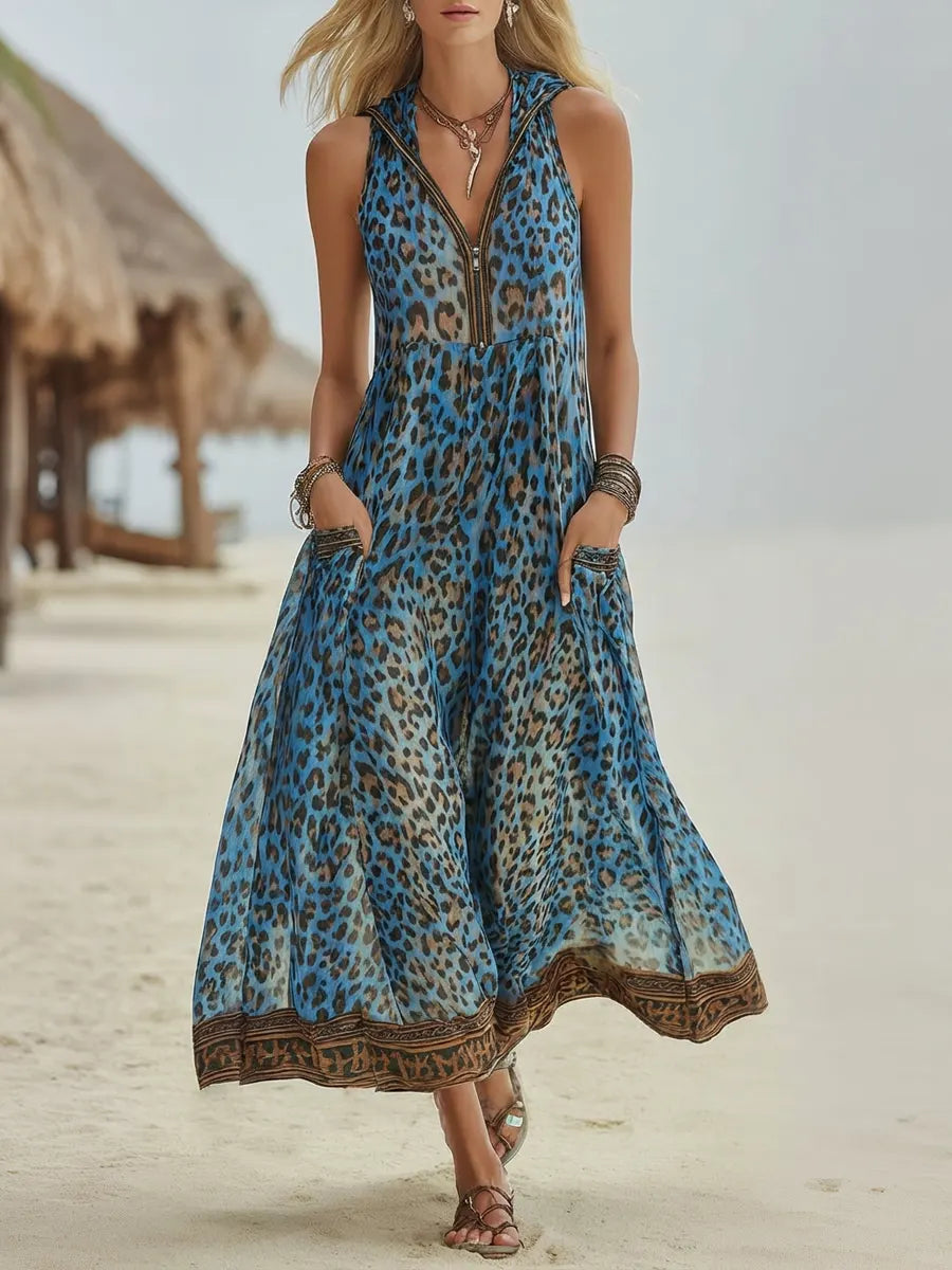 Romilly - Retro Green Leopard Hooded Dress