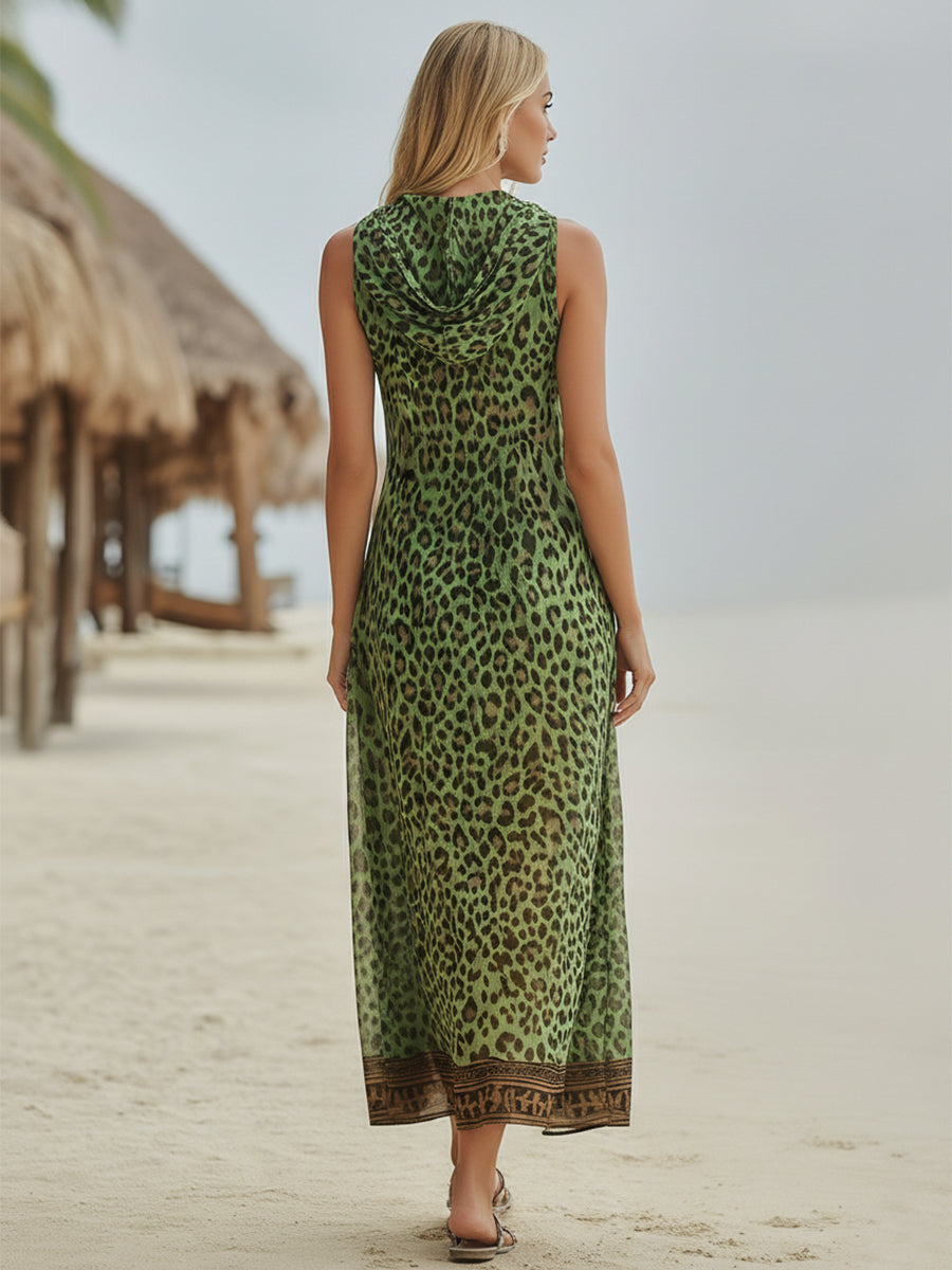 Romilly - Retro Green Leopard Hooded Dress