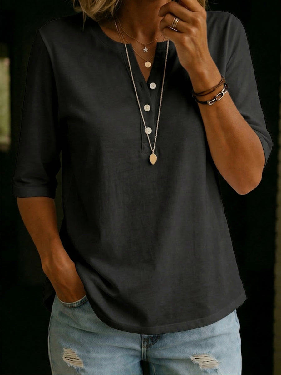 Nancy – Classic Henley Collar Cotton T-shirt