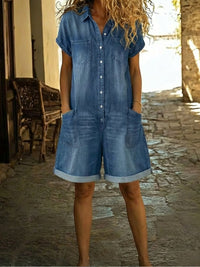 Lila - Casual Cotton Denim Jumpsuit Shorts