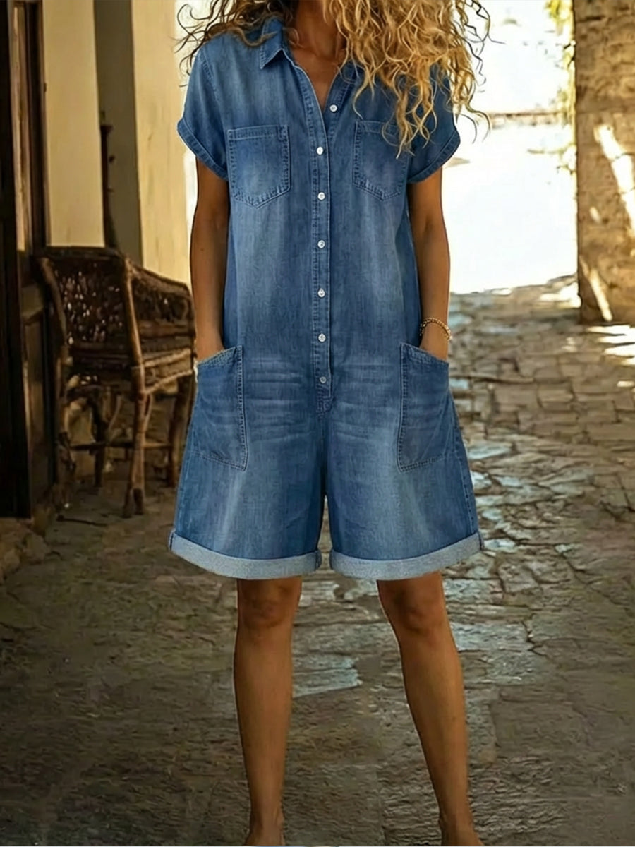 Lila - Casual Cotton Denim Jumpsuit Shorts