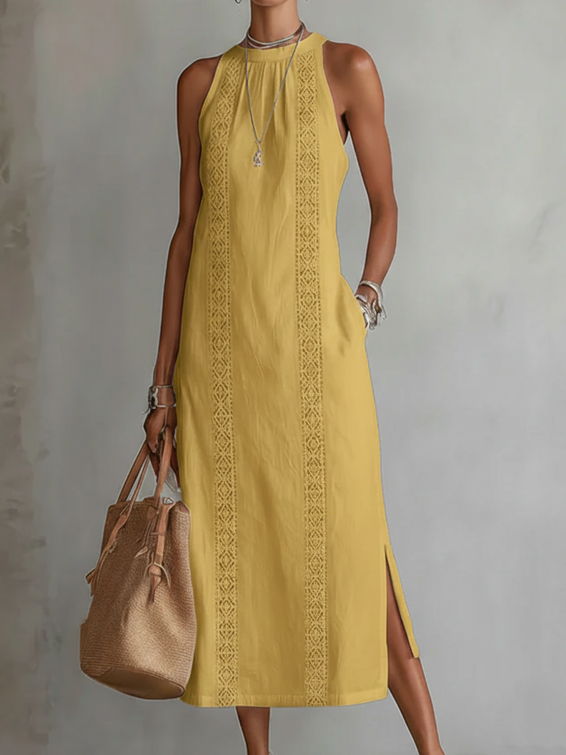 Jemima - Midi Linen Dress with Mao Collar