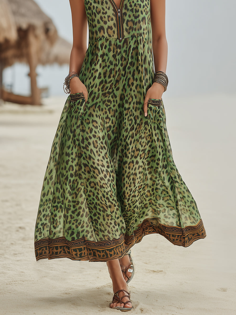 Romilly - Retro Green Leopard Hooded Dress
