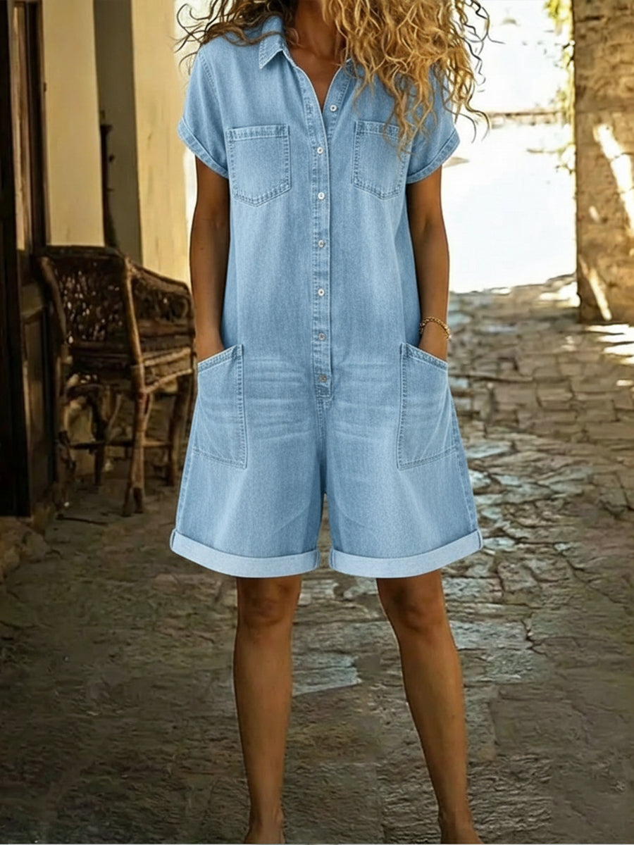 Lila - Casual Cotton Denim Jumpsuit Shorts