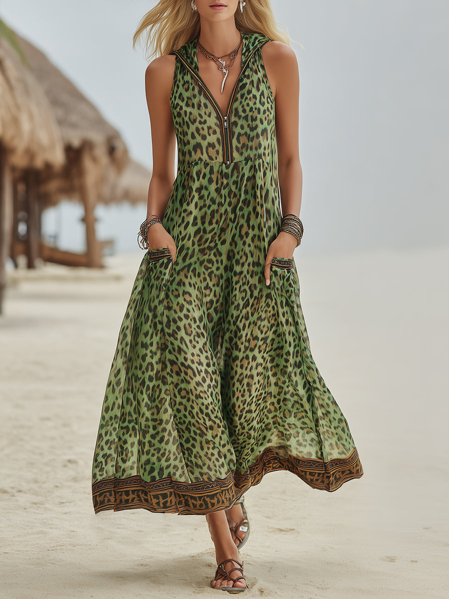 Romilly - Retro Green Leopard Hooded Dress