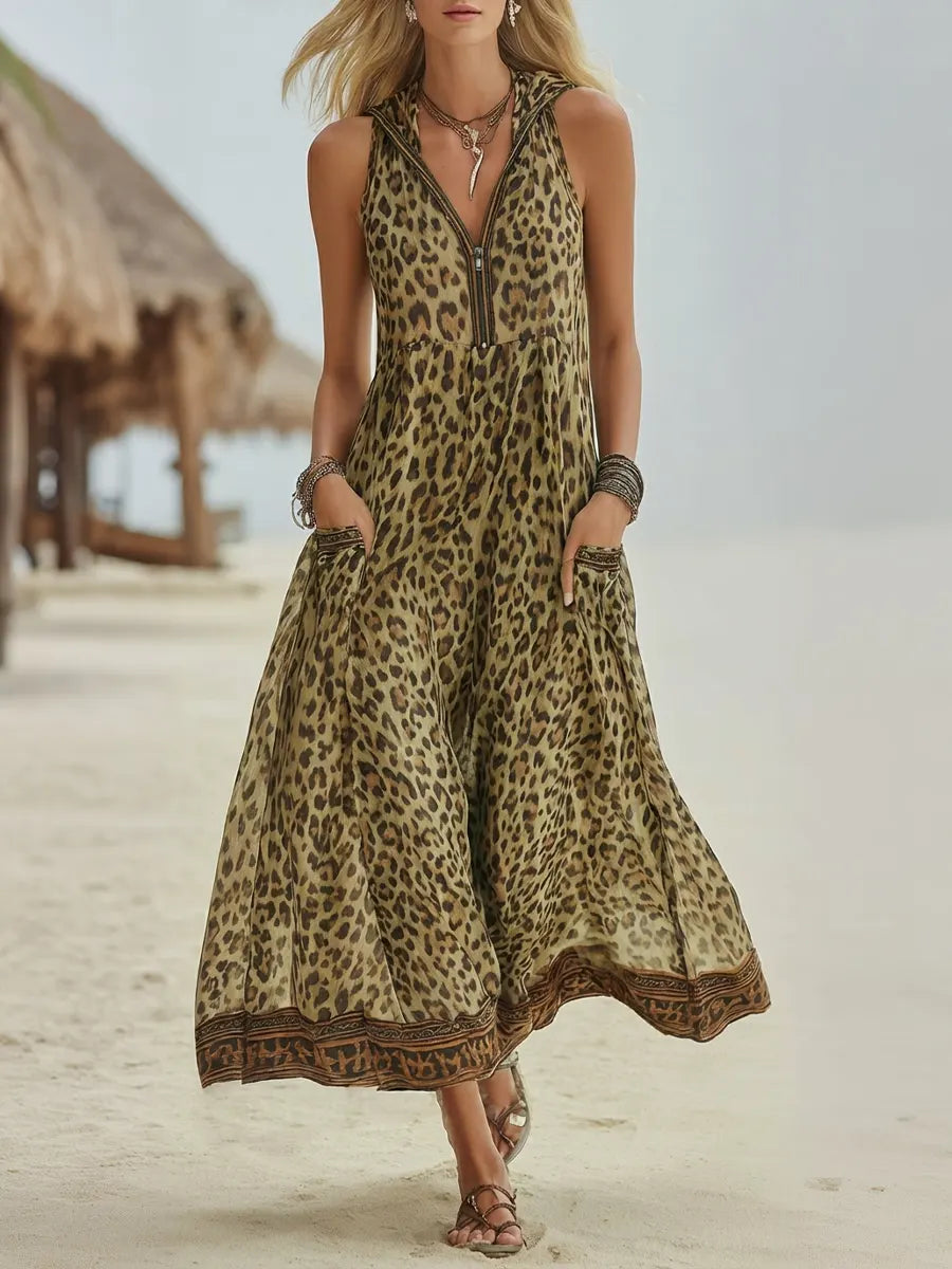 Romilly - Retro Green Leopard Hooded Dress