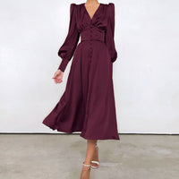 Orléane | Women's V-Neck Long Sleeve Button Midi Dress