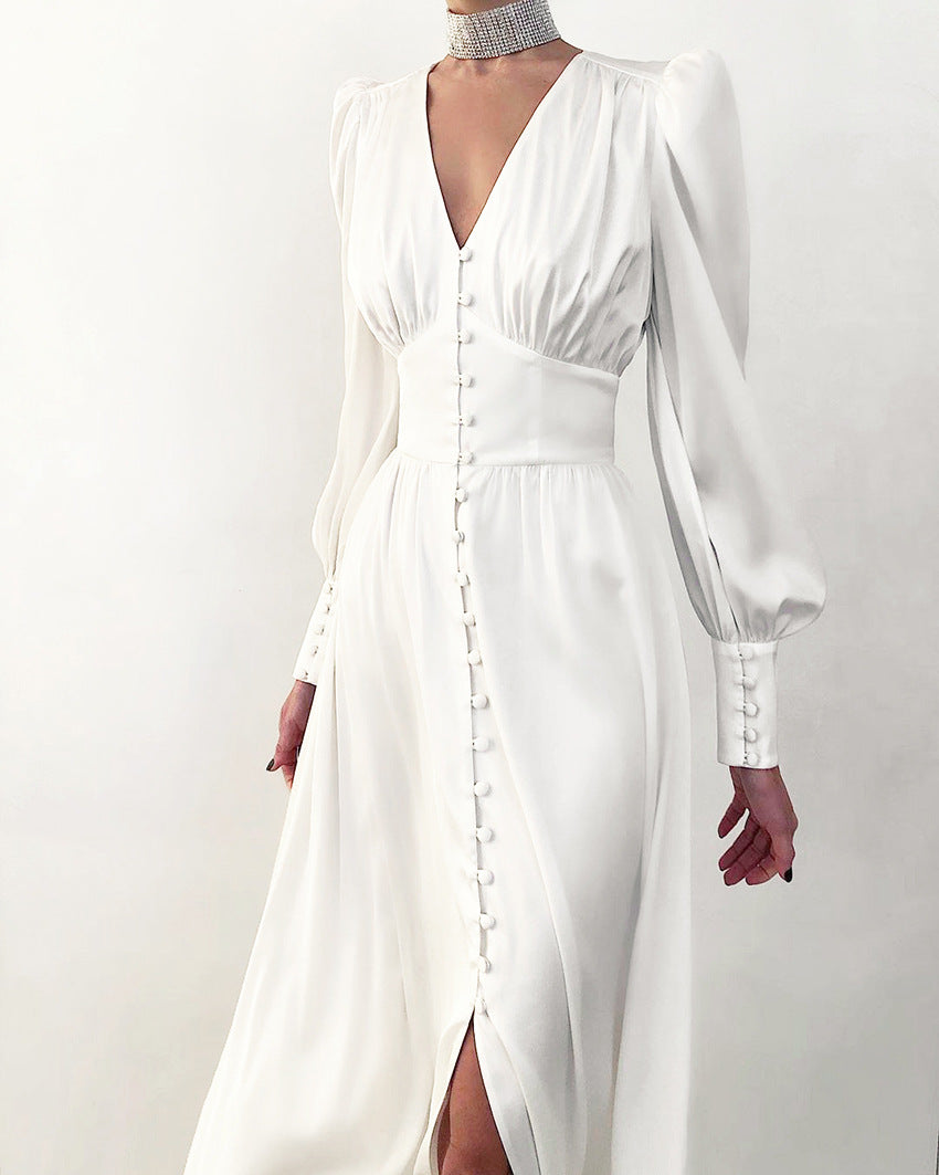 Orléane | Women's V-Neck Long Sleeve Button Midi Dress