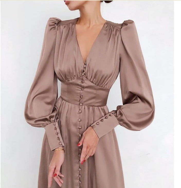 Orléane | Women's V-Neck Long Sleeve Button Midi Dress