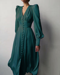 Orléane | Women's V-Neck Long Sleeve Button Midi Dress