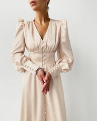 Orléane | Women's V-Neck Long Sleeve Button Midi Dress