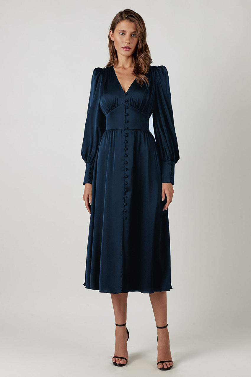 Orléane | Women's V-Neck Long Sleeve Button Midi Dress