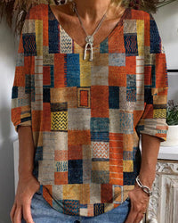 Ottoline | Women's V-Neck Patchwork 3/4 Sleeve Top