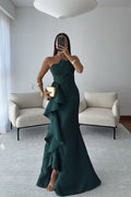 Peacock Green Chiffon Strapless Sleeveless Long Prom Dress With