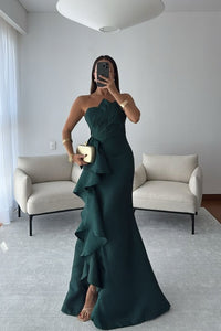 Peacock Green Chiffon Strapless Sleeveless Long Prom Dress With