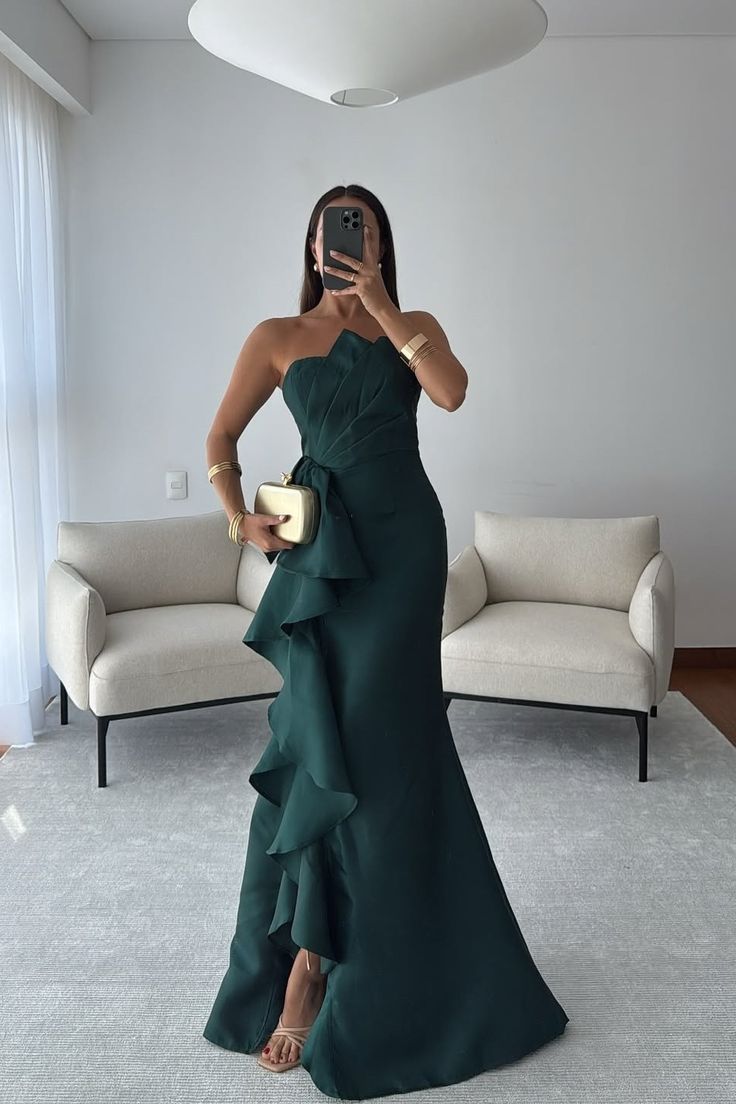 Peacock Green Chiffon Strapless Sleeveless Long Prom Dress With