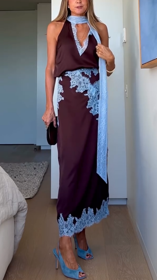 Persephone | Women's Halter Neck Lace Trim Maxi Set