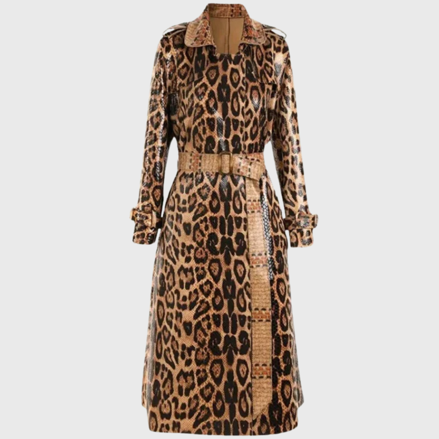 Persephone | Women's Leopard Print Long Belted Trench Coat