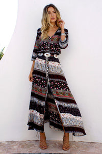 Phaedra | Women's Boho Floral V-Neck 3/4 Sleeve Maxi Dress