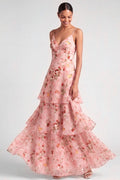 Pink A Line Floral Tiered Long Wedding Guest Dress