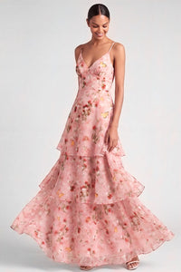 Pink A Line Floral Tiered Long Wedding Guest Dress