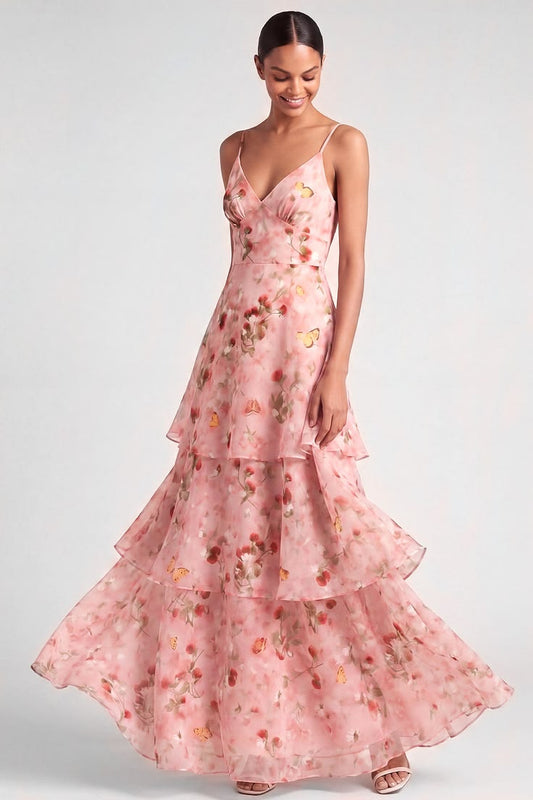 Pink A Line Floral Tiered Long Wedding Guest Dress
