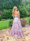 Pink Blue Sweet A Line Floral Chiffon Long Elegant Floor Length Ball